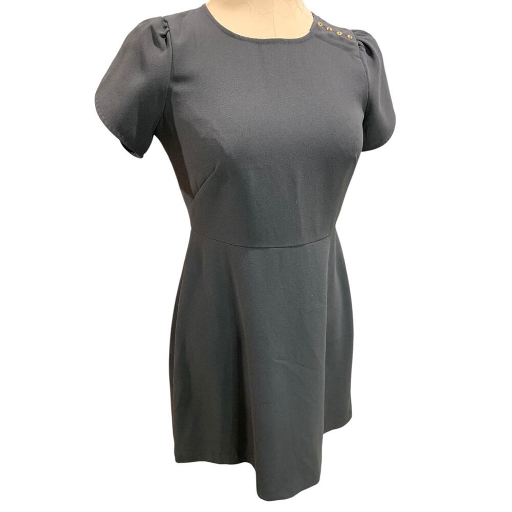 Size 2P Loft Petites Charcoal Gray A-Line Dress Button Embellished Shoulder